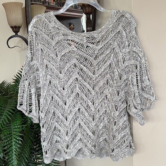 Eileen Fisher Sweater Gray Wonder Scallop Crochet Open-Weave Marled Italian Yarn - Picture 12 of 16